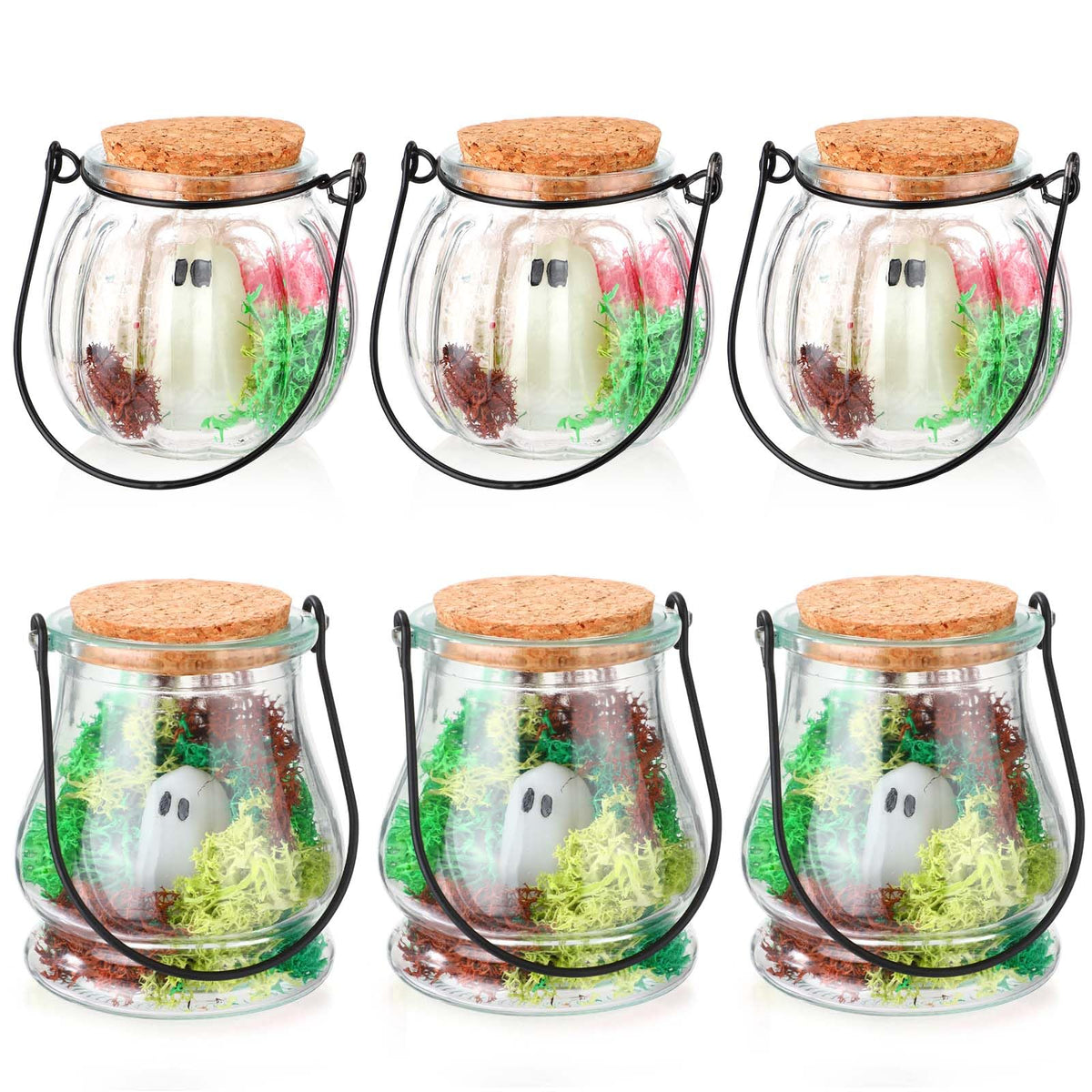 HyDren 6 Set Halloween Pet Ghost in a Jar Adopt a Ghost Glows in the Dark Pet in a Bottle with Moss Luminous Figurines in Glass Spooky Decor Creepy DIY Craft Gift Halloween Party Favor, 3.74 x 3.34In