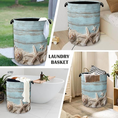 Starfish Seashell Laundry Basket, Vintage Wooden Oxford Cloth Laundry Hamper