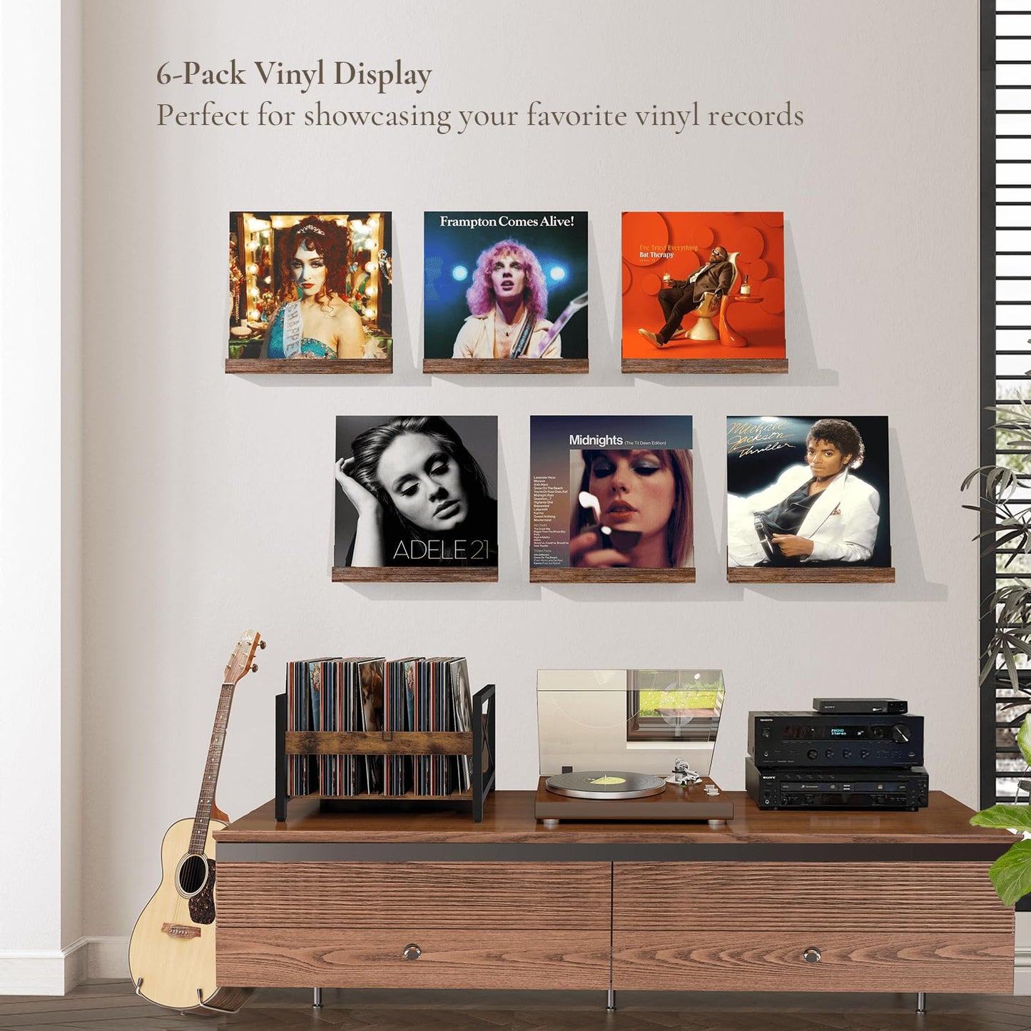 BCOZLUX Vinyl Record Shelf Wall Mount, 12 inch Wooden Album Record Holder Display, Pack of 6 Floating Shelves for Wall, Magazine Rack, Kids Bookshelf for Bedroom, Living Room, Rustic Brown