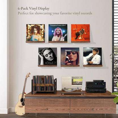 BCOZLUX Vinyl Record Shelf Wall Mount, 12 inch Wooden Album Record Holder Display, Pack of 6 Floating Shelves for Wall, Magazine Rack, Kids Bookshelf for Bedroom, Living Room, Rustic Brown