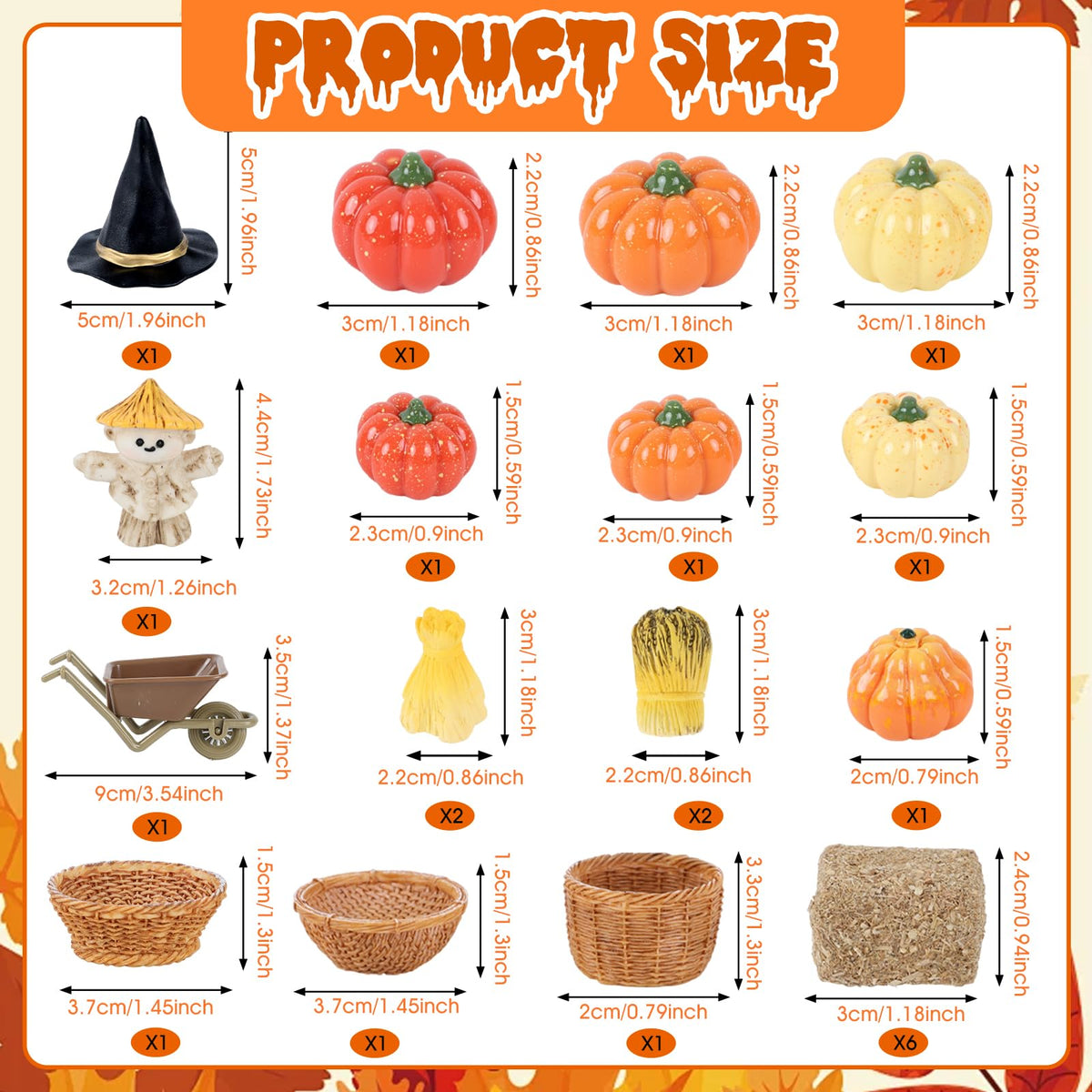 33 PCS Mini Fall Figurines Thanksgiving Resin Figurines Autumn Tiny Resin Farm Miniature Include Trees Pumpkins Scarecrow Wheelbarrow Ears of Wheat Basket Fence for Harvest Home Table Decorations