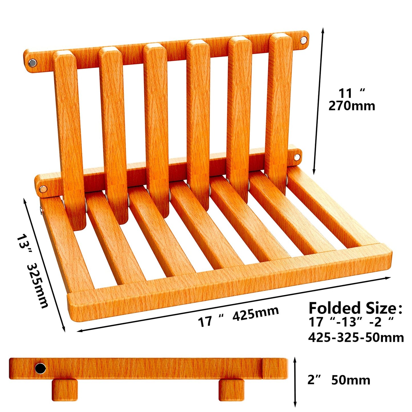 The folding stool is made of beech wood and can withstand 400 pounds. The surface is coated with Walnut paint and polished. Used for changing shoes, showering, folding bedside table(Walnut paint)