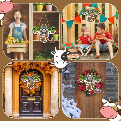 Suzile 16 Pcs Cow Decor Welcome Sign Wooden Cow Head Door Wreath Sign with Buffalo Plaid Bow Interchangeable Hanging Ornaments for Christmas Farmhouse Home Front, 16.5 x 12 Inch