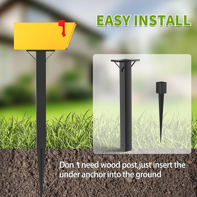 BOUGOON Black Metal Mailbox Post for Outside,43x 4X 4 inch Heavy Duty In-Ground Mounting Post with Anchor for Easy Install Mailbox Use