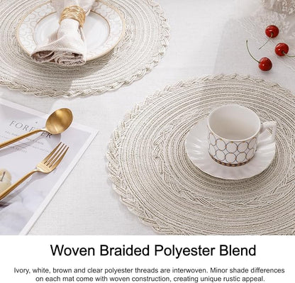 SHACOS Boho Round Placemats Set of 8 Braided Border Round Place Mats 15 inch Washable Dining Table Mats for Home Wedding Holiday Party (Ivory Bordered, 8)