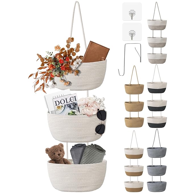 3 Tier Wall Mounted Woven Hanging Basket, Over the Door Hanging Basket