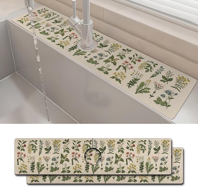 2PCS 24" X 5.5" Kitchen Sink Splash Guard Faucet Mat Floral Super Absorbent