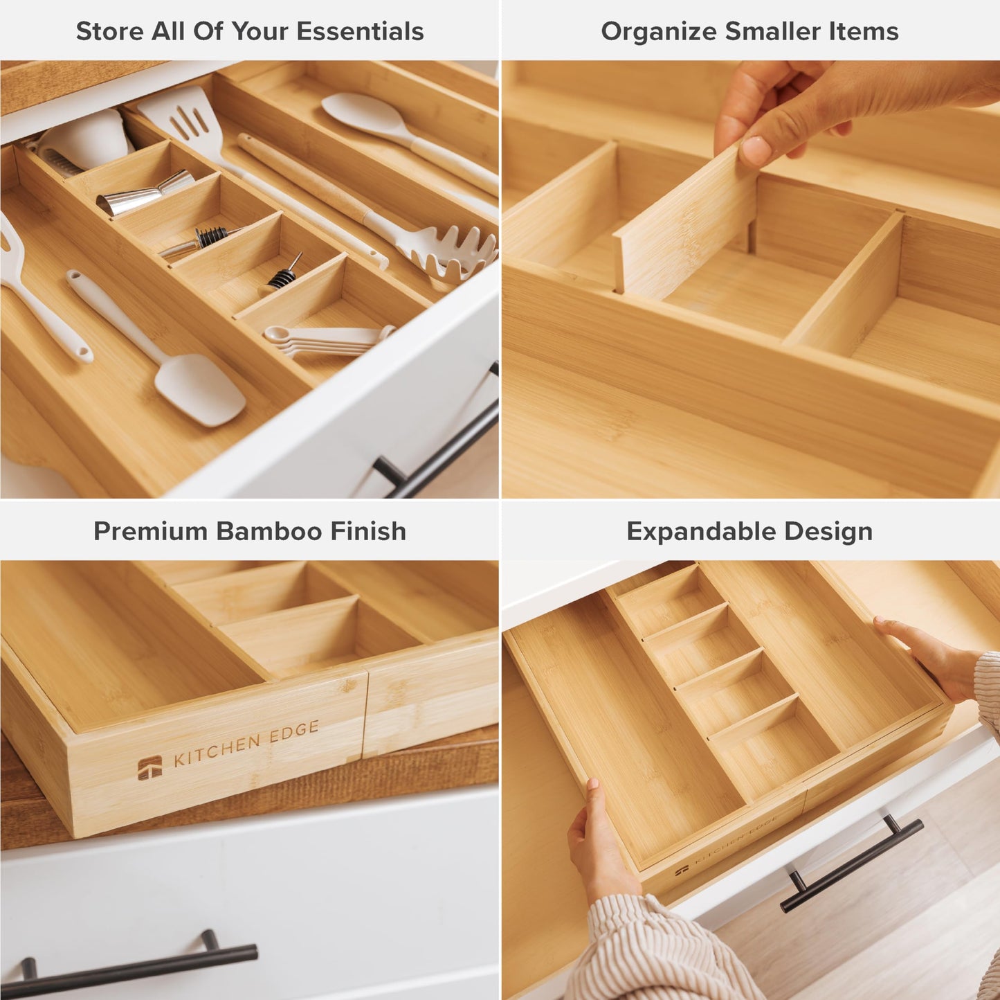 KitchenEdge Adjustable Kitchen Drawer Organizer - Expandable From 18.5 to 33 In and Adjustable Kitchen Drawer Organizer for Utensils and Junk - Expandable from 16 to 28 In Bundle