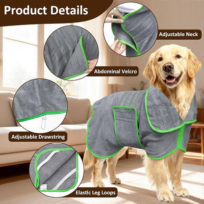 Soft Dog Bathrobe Fast Drying Dog Coat, Super Absorbent Dog Towels for After Bath, Microfiber Pet Robe Adjustable Collar & Belly Warm Keeping Dogs Coat for Pet Dogs & Cats (Grey, Large)