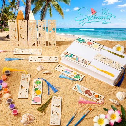 Yexiya 100 Pcs Bulk DIY Wooden Bookmarks Kit - 50 Set Tropical Hawaii Unfinished Wood Crafts with 50 Colorful Tassels for Classroom Rewards, Student Gifts, Summer Camp, Luau Party Favors, Art Projects