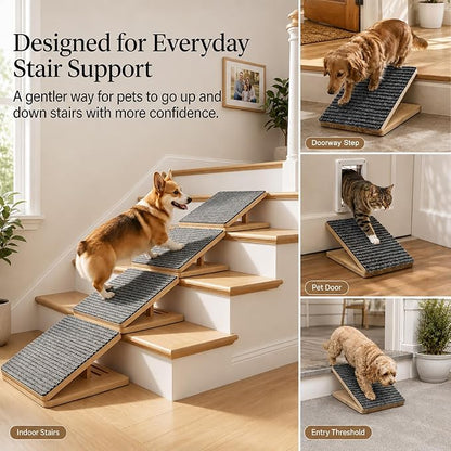 2 Pack Dog Ramp for Stairs - Solid Wood Adjustable & Foldable Pet Ramps, 3 Heights, Non-Slip Silicone Base & Traction Felt, 35lb Capacity, Indoor Stairs & Porch