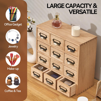 KIRIGEN Wood Drawer Organizer Desktop Storage Cabinet Box Drawers for Home Office Desk Organization and Storage 12 Drawer Mini Chest with Metal Handles Natural(12CG-NA)