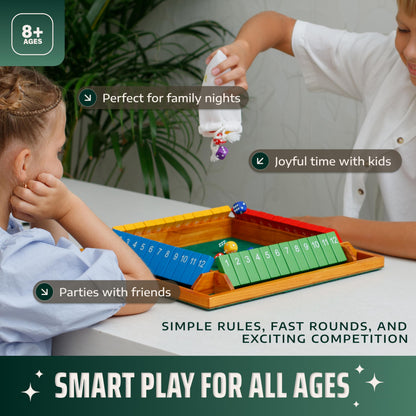 Large Shut The Box Game Wooden for 4 Players - Math Games -Family Games for Kids and Adults - 14-inch Close The Box Game 12 Numbers - Family Board Games