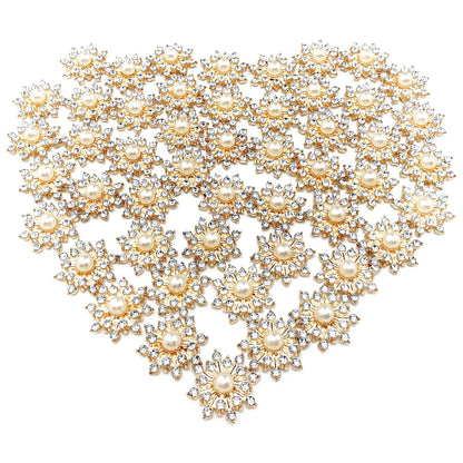BETITETO 50Pcs Pearl Rhinestone Charms Flatback Flower Buttons Embellishments Bulk for DIY Shoe Sock Charms Bag Decoration Brooch Headbands Clothes Wedding Flower Bouquet Crafts (#1 KC Gold Alloy)