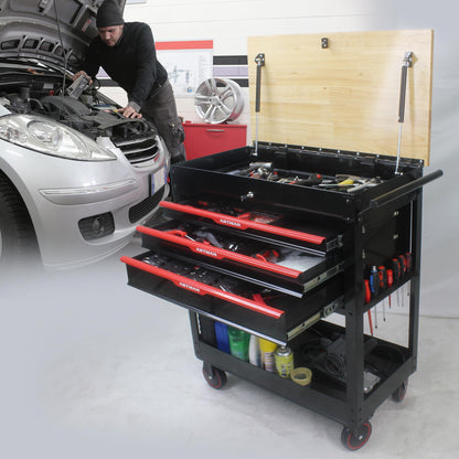 KEIKI 3-Drawer Rolling Tool Cart with Lift-Up Wooden Top, Utility Tool Box, Multi-Functional Tool Storage Organizer Cabinet for Garage, Warehouse, Workshop, Repair Shop, Black