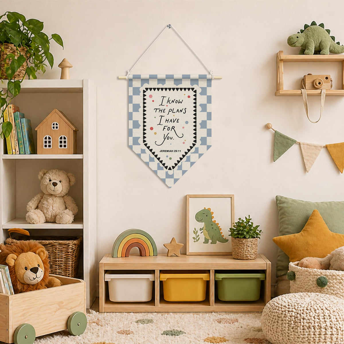 RUKUPA Christian Wall Art Decor, Bible Verse Hanging Pennant Flag, for I Know the Plans I Have for You Religious Checkered Wall Art Poster Hanger for Home Bedroom Kids Nursery Room Decor, 11x15 Inch