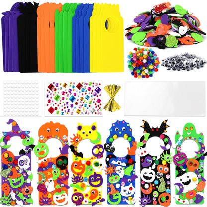 24 Set Halloween Craft Kits, DIY Halloween Doorknob Hanger Decorations Fall Arts & Crafts Supplies, Halloween Pumpkin Bat Ghost Monster Foam Stickers for Classroom Party Favors Activities