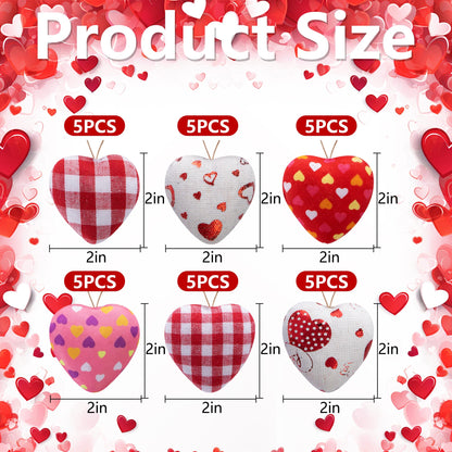 EBaokuup 30 Pcs Valentines Fabric Heart Ornament for Hanging-6 Styles Red Pink Buffalo Plaid Check-Heart-Shaped Hanging Decoration for Valentine's Day Home Decor Wedding Party DIY Crafts