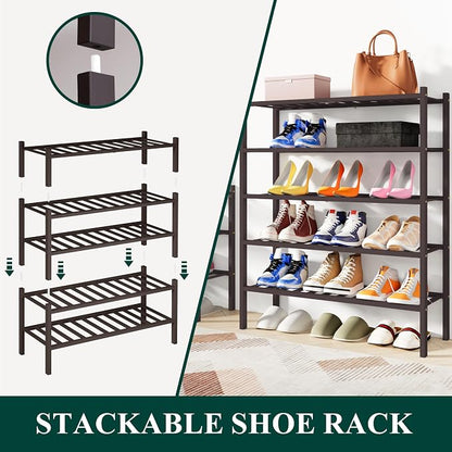 Smiry Bamboo Shoe Rack, 2 Tier Free Standing Wooden Shoe Organizer, Stackable Wood Shoe Storage Shelf for Closet, Entryway, 12 Vertical Slats, One-piece Standard Legs, 26.8"x11"x13", Brown