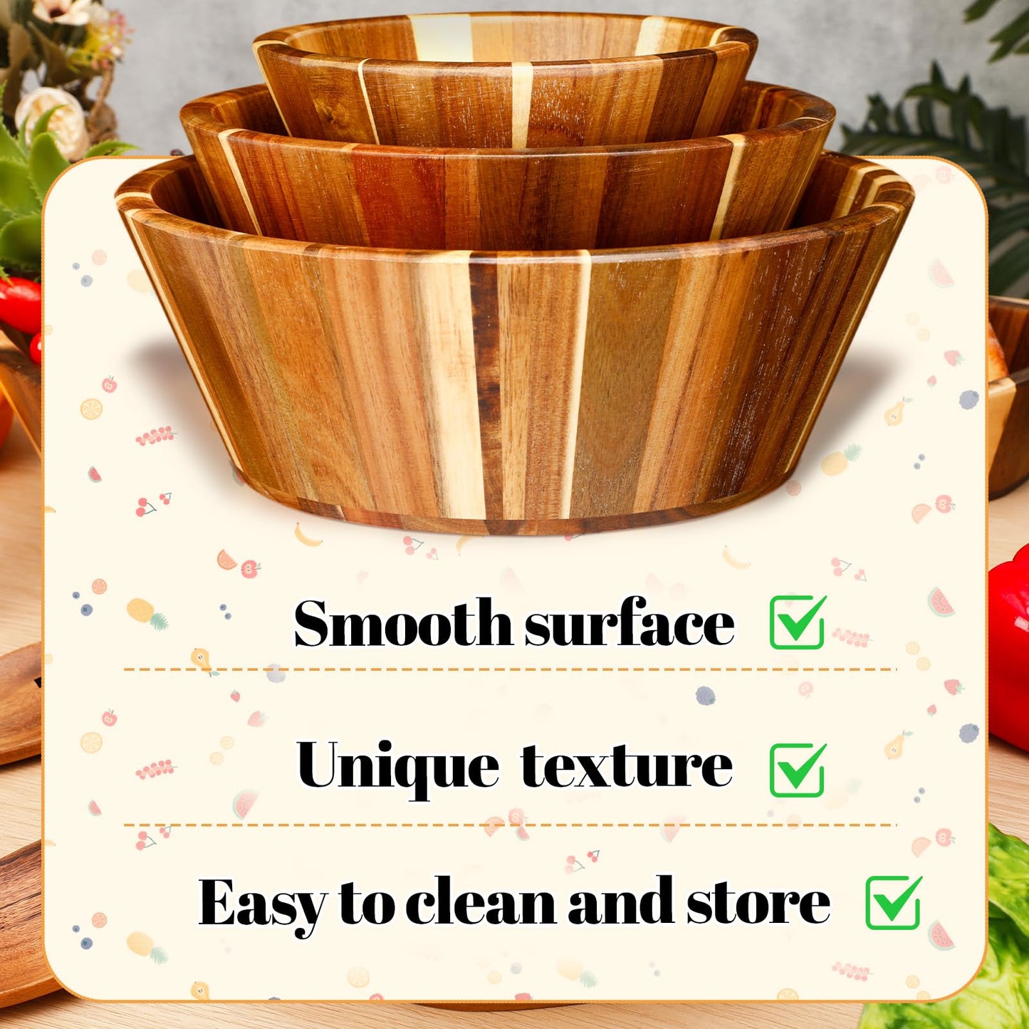 Yunlly Wooden Salad Bowl Set of 5 - Large Fruit Mixing Bowls with Salad Servers Utensils for Serving Dining Accessory - Handmade - Acacia Wood - Large 12", Medium 10", Small 8" (Wavy Design)