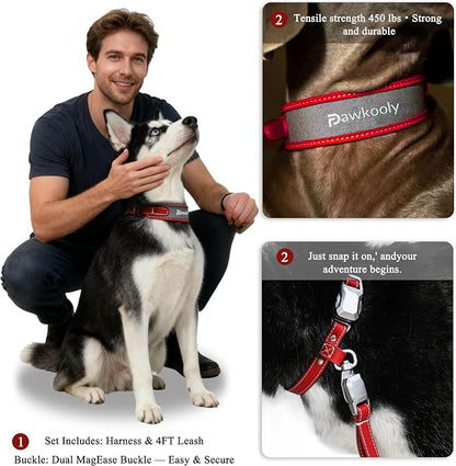 MagEase Dog Collar with 4FT Leash | Adjustable | Anti-Wrinkle, Bite & Stain-Resistant Leather | Soft & Skin-Friendly | 450LB Escape-Proof Magnetic Buckle (Red, Extra Large)