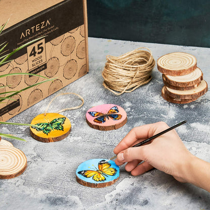 ARTEZA Natural Wood Slices, 2.4-2.8 Inch Diameter, Set of 45, Brown Round Pine Wood Discs with Bark for Crafts, Christmas Ornaments, Centerpieces