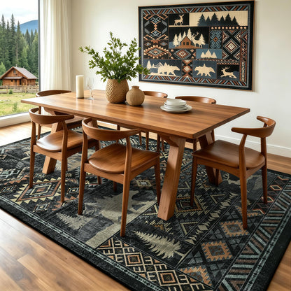 HOMORE Rustic Cabin Living Room Rug 5x7, Washable Southwestern Area Rug Geometric Carpet with Bear Print, Western Rugs for Bedroom Dining Room,Black