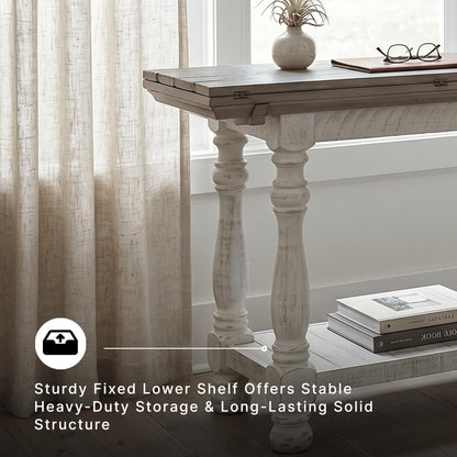 Signature Design by Ashley Havalance Farmhouse Sofa Table, Flip Top Design for Additional Dining Space and Fixed Lower Shelf, Gray & White with Weathered Finish
