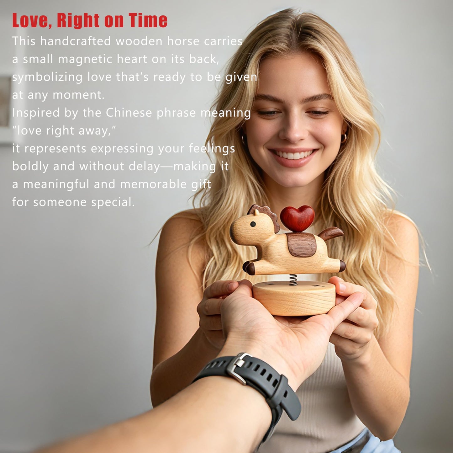 YANISM Wooden Horse Figurine with Magnetic Heart,Spring Swaying Ornament,Romantic Love Right Away Gift for Her or Him,Year of the Horse Gift