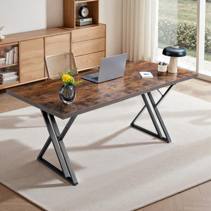 Younhomedge 70.9Inch Office Desk, Executive Office Desk，Modern Industrial Style, Z-Shaped Table Legs, Country Black Wood Grain Top, for Home Office, Study, Conference (Iron Wood)