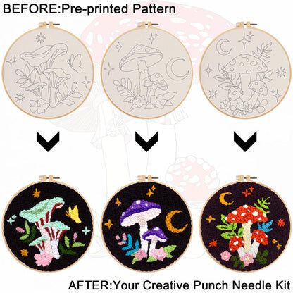 Nuberlic 3 Pack Punch Needle Kits for Beginners Mushroom Embroidery Pattern with Hoop Embroidery Punch Needle Starter Craft Set, Perfect Handmade Gift for Adults & Teens (Beginner-Friendly Crafts)