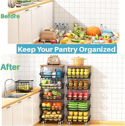 6 Tier Pantry Organizers and Storage Vegetable Fruit Basket for Kitchen, Stackable Flexible Design (3+3, 4+2, 5+1,6+0) Pantry organizers and storage for Kitchen Bathroom Livingroom Laundry Room Cart