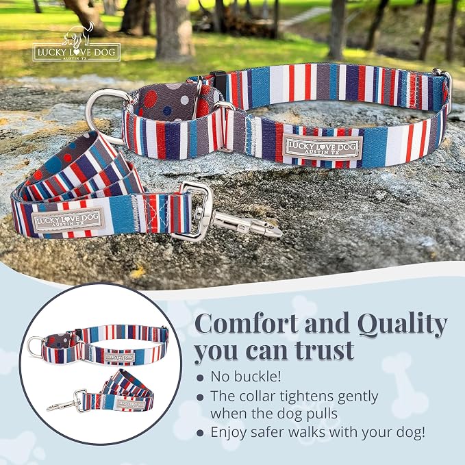 Lucky Love Dog Martingale Dog Collar & Leash - Adjustable, No-Slip, Durable, Comfortable, Soft Webbing, & Stylish Patterned Collar & Leash Set for Male and Female Dogs - Linus Combo, Large