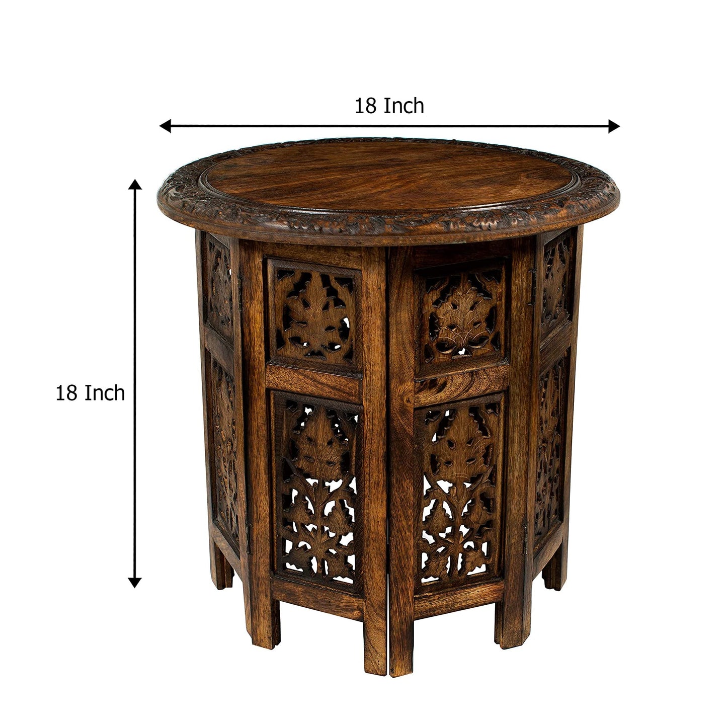 Solid Wood Accent End Table - Hand Carved Vintage Boho Folding Side Table - Small Spaces Entryway Farmhouse Living Room Bedside - No Tools Assembly -18x18 Round - Jaipur Antique Brown -Cotton Craft