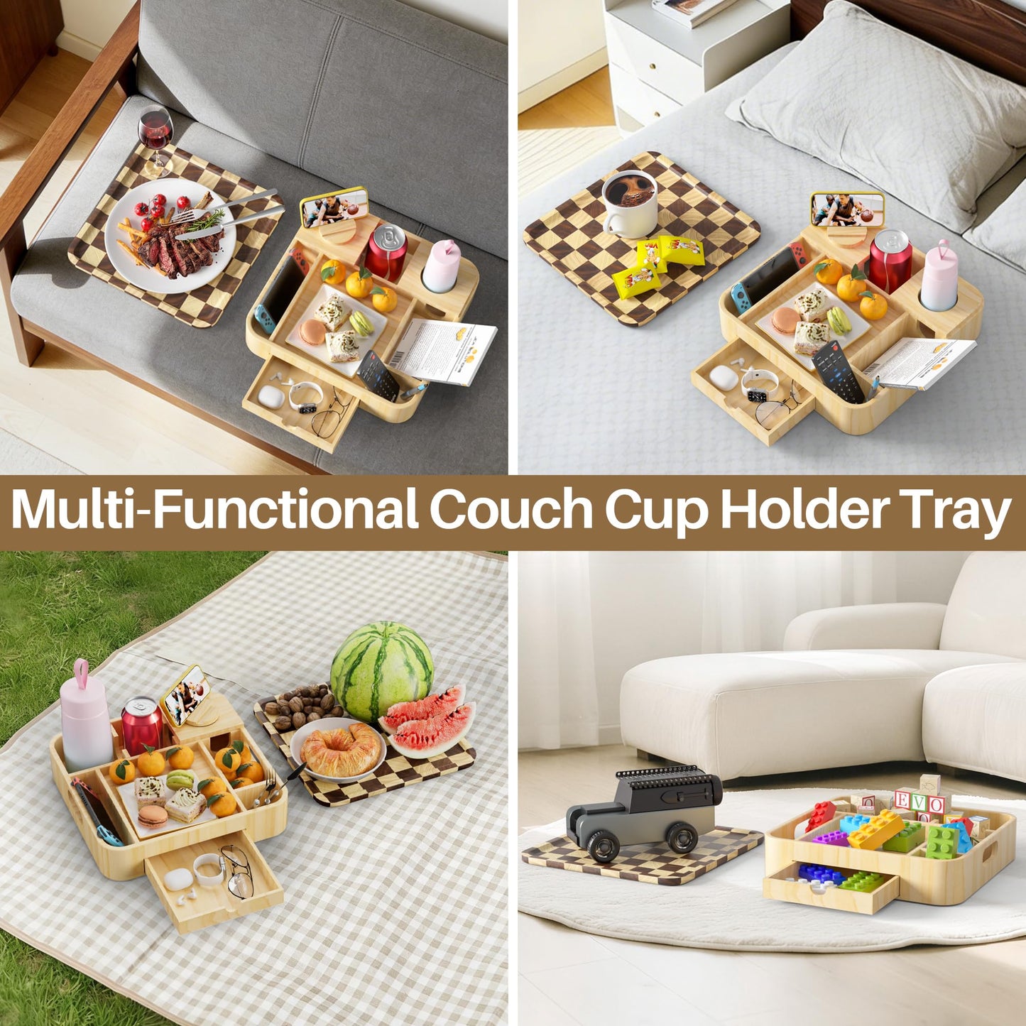 Couch Cup Holder, Checkered Couch Tray Cup Holder Sofa Tray, Large Capacity 2-Tier Wooden Trays with Drawer for Sofa, Bed, Picnic, Drinks, Remote, Cell Phone,TV Trays (Solid Pine Wood)12.5*12.5 in