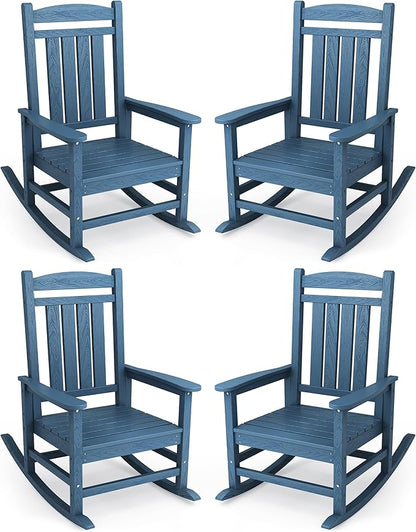 KINGYES Oversized Outdoor Rocking Chair Set of 4, High Density Polyethylene Patio Rocking Chairs with 330lbs Support for Adults, Navy