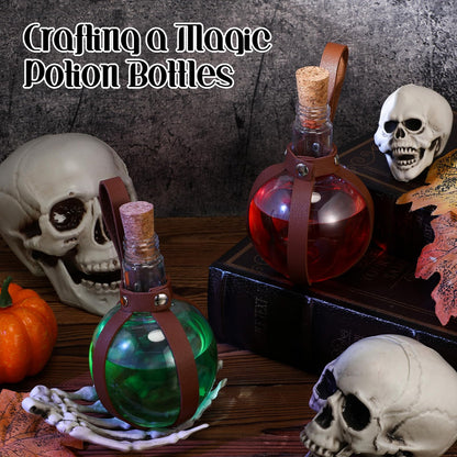 Baderke 3 Set 8 oz Plastic Potion Bottle with Cork Stopper Cosplay Accessories with Leather Belt Witch Cosplay Props Decorative Round Spherical Bottles for Halloween Party Decorations (Coffee)