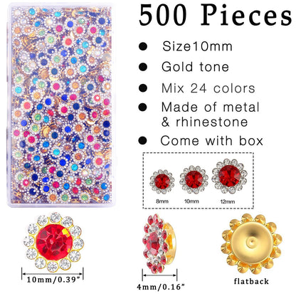 500PCs Sew on Rhinestones, Crystal Flower Shape Bedazzling, 10mm Crystal Flatback Embellishments for Sewing and Crafts, with Storage Box (10mm - Gold Tone)