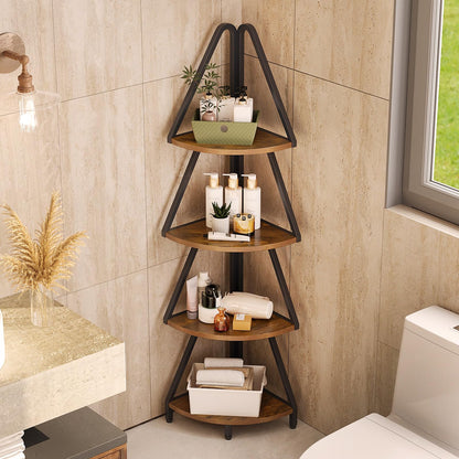 Espelism 4-Tier Corner Shelf Stand, 53.1” Tall Industrial Standing Display Shelf Storage Rack,Narrow Plant Stand,Tree Design Corner Bookshelf for Living Room, Bedroom, Office (Brown, 4-Tier)