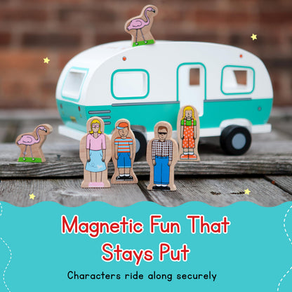 Jack Rabbit Creations 7-Piece Magnetic Glamper Camper Van – Family of 4 & Pink Flamingos – FSC Wood, Non-Toxic – Camping Toy, Imaginative Play – Toddler Gift, Ages 3+