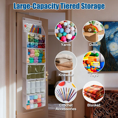 Hanging Yarn Storage Organizer, Large Capacity Knitting Organizer Storage with 6 Zipper Closure Compartments, Transparent Over Door Yarn Storage for Crochet Hook, Knitting Needles and Yarn Balls