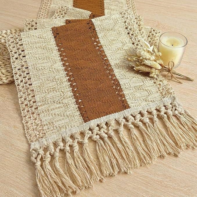 FEXIA Boho Table Runner 60 Inches Long Macrame Summer Decor Coffee Table Cover Farmhouse Stylewith Tassels for Party Bohemian Rustic Wedding Bridal Shower Dining Room Middle Brown (12x60 Inches)