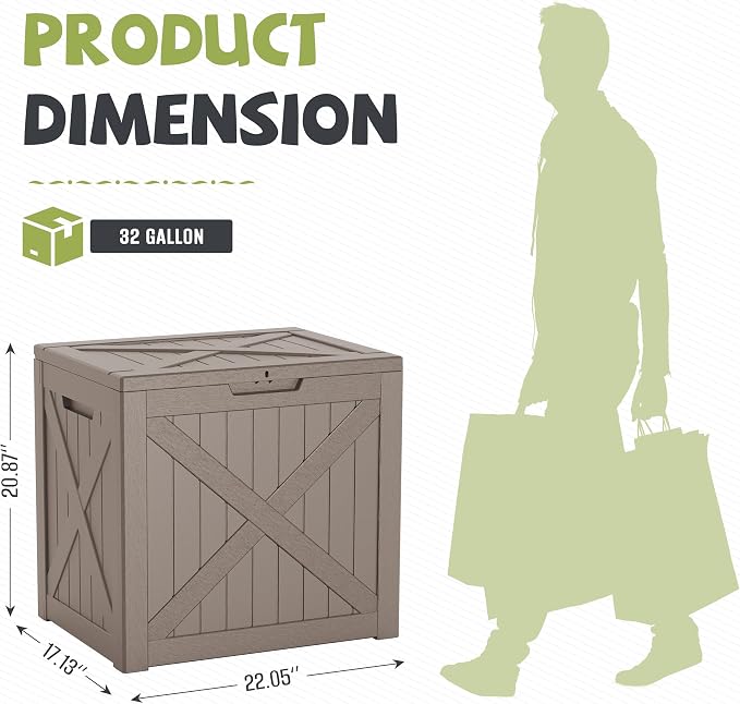 PatioZen 32 Gallon Package Delivery Box, Waterproof Outdoor Package Delivery Box with Lid, UV-Resistant Resin Storage Bench for Patio Furniture, Garden Tools, Cushions, Pool Accessories(Grey)