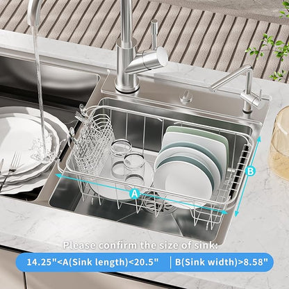 JAQ Over Sink Dish Drying Rack for Small Sink, Compact Expandable 14.25"–22.44", Adjustable 304 Stainless Steel Dish Drainer with Utensil Holder, Space Saving for Small Kitchen