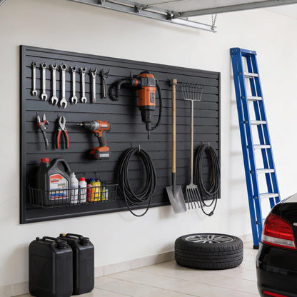 SMARTSTANDARD Heavy Duty PVC Slatwall Panels 4x8 ft, Interlocking Garage Wall Organizer System, Tool Board for Retail Display, Workshop & Home Storage - Black