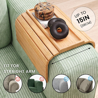 Danfoxer 2 Pack Sofa Arm Tray,Bamboo Folding Couch Arm Tray,Sofa Armrest Tray with Anti-Slip Pad for Drinks,Snacks,Phone,Remote Control（Natural）