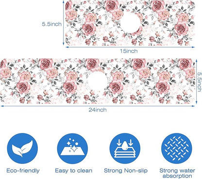 Pink Rose Floral Kitchen Sink Splash Guard Mat Absorbent Fast Drying Mat Faucet