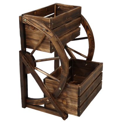 Sunnydaze Wagon Wheel 2-Tier Rustic Wood Plant Stand - Tiered Garden Box - For Patio, Garden, or Front Porch - Charred Fir Wood