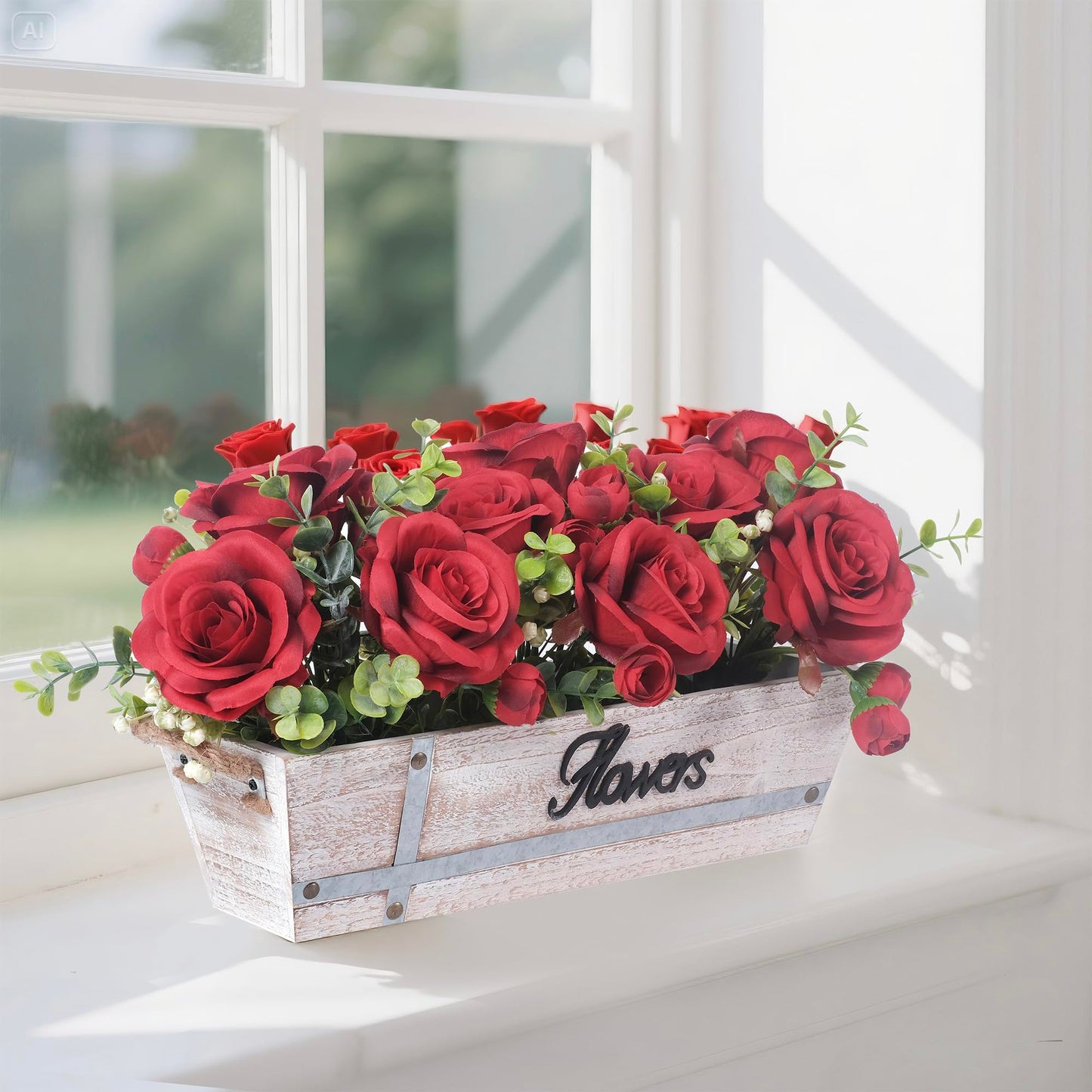 Centerpiece Table Decorations Rustic Wood Tray with 3 Artificial Red Rose Flowers and Fake Eucalyptus for Dining Room Farmhouse Living Room Kitchen and Coffee Table Décor