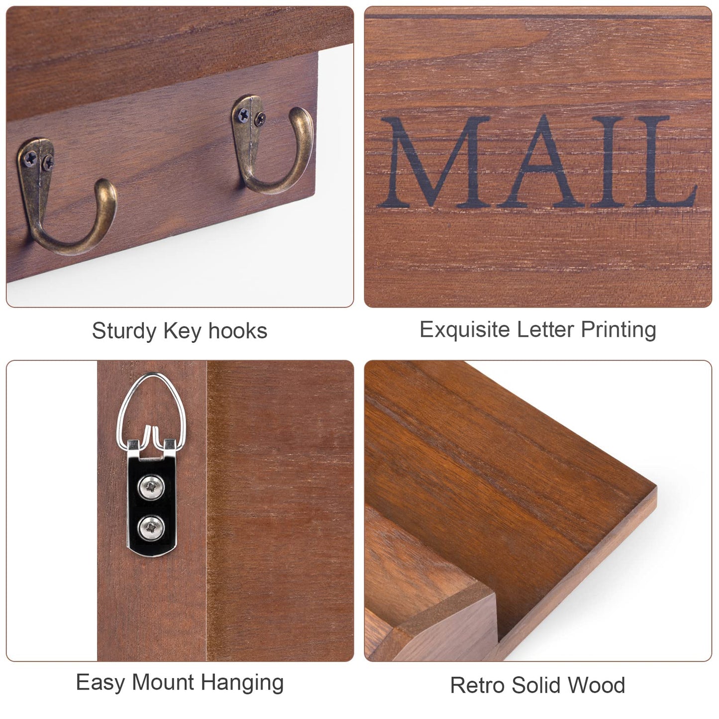 DLQuarts Mail Organizer with Key Holder for Wall Decorative Mail Sorter Wall Mounted, Wooden Mail Holder with 3 Hooks, Dark Brown